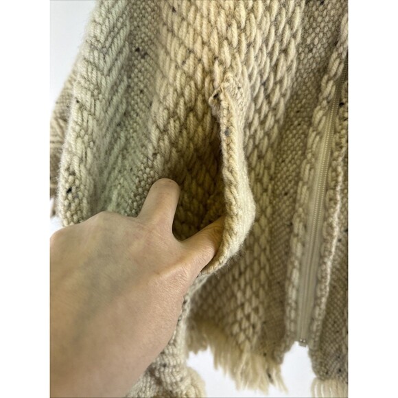 Branigan Weavers Wool Sweater Cape Poncho Beige Collar Full Zip Fringe One Size - Picture 3 of 12